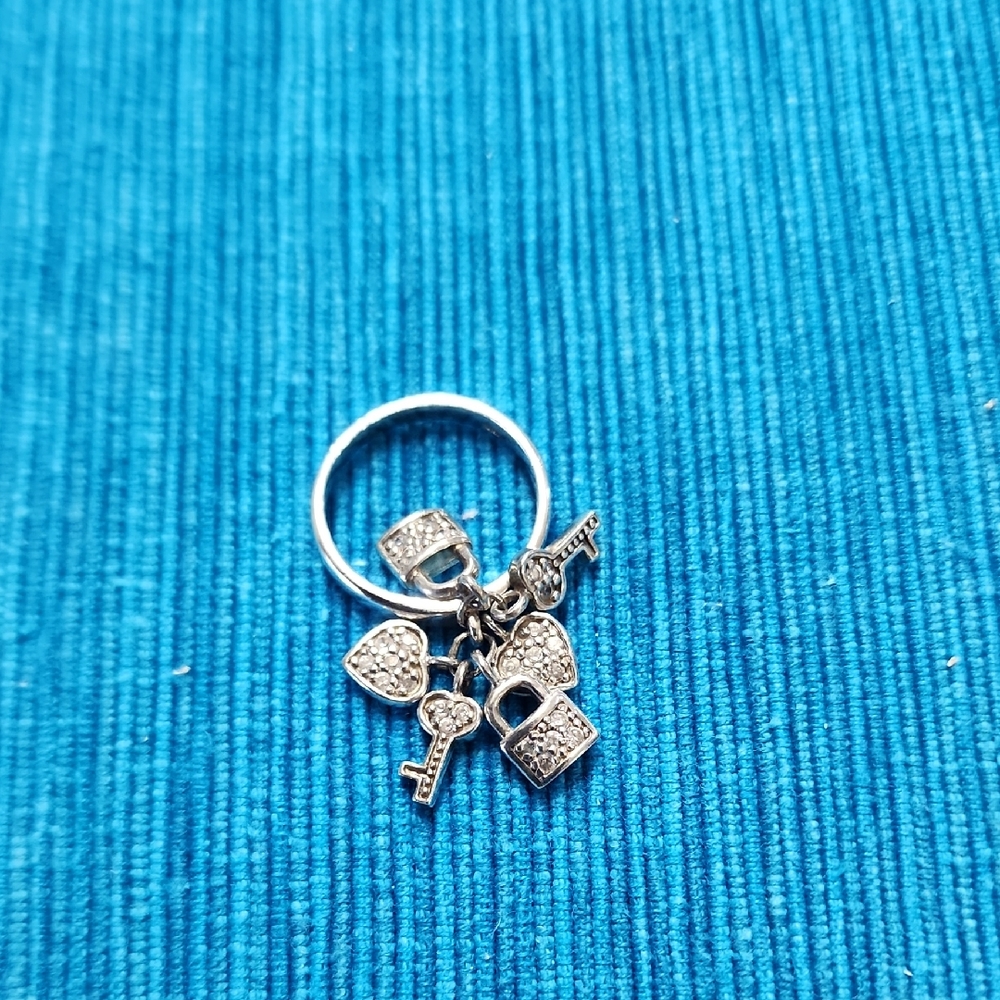Silver Charm Ring with Heart and Key Pendants